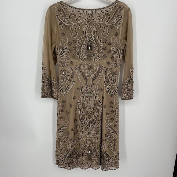 Sue Wong Nocturne Womens Beaded Knee Length Dress Gown Size 2 Tan Beige Sheer - Picture 2 of 10